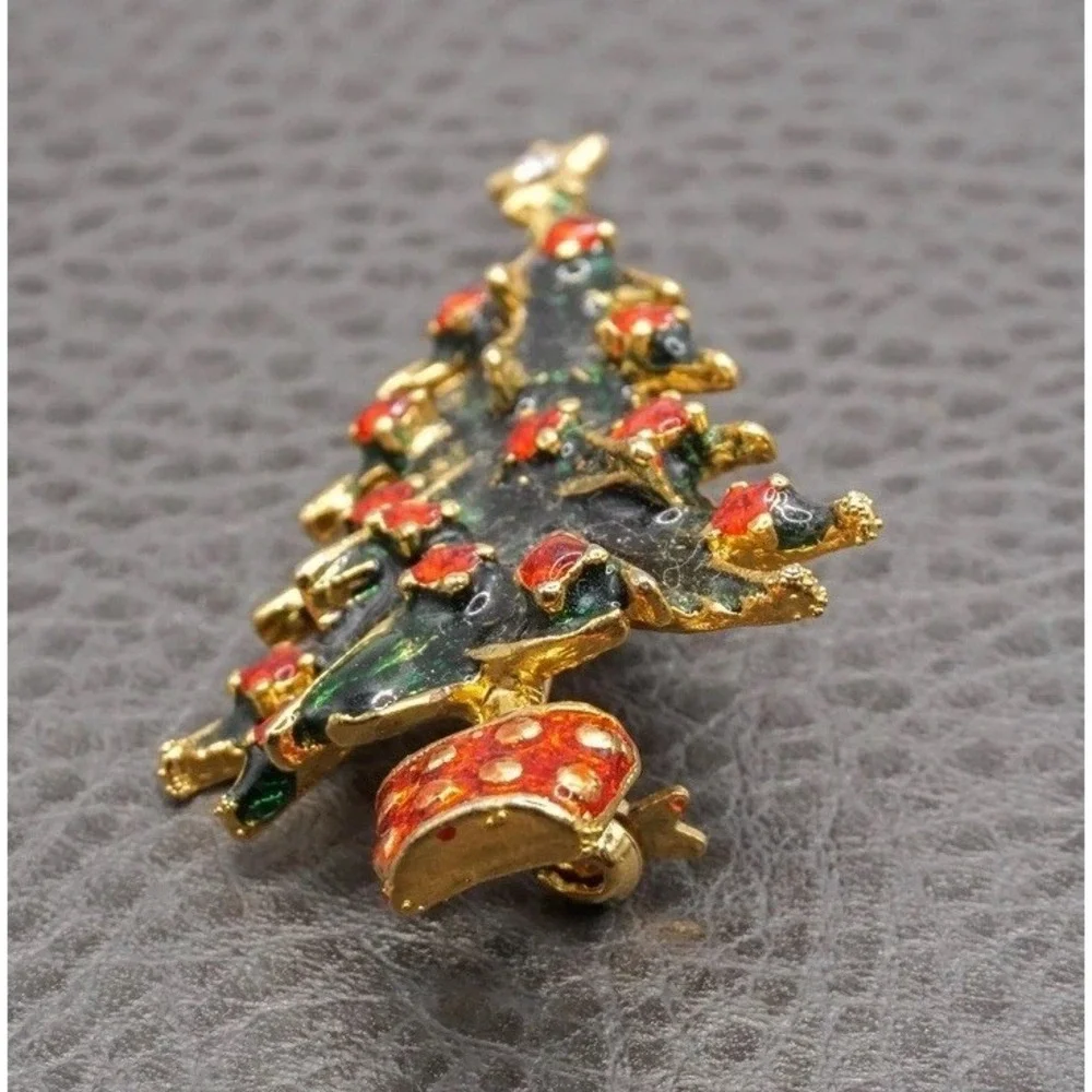 Vintage Christmas Tree Holiday Brooch Pin Red Rhinestone Green Enamel Gold Tone